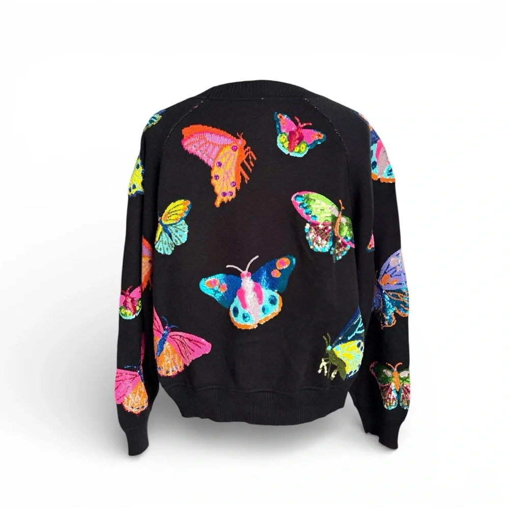 QUEEN OF SPARKLES Black Cardigan with Colorful Butterfly Motifs - Picture 9 of 12